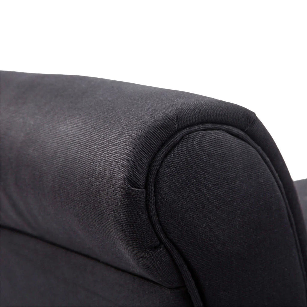 Banquette à accoudoirs roulés, noire, détail de l’accoudoir