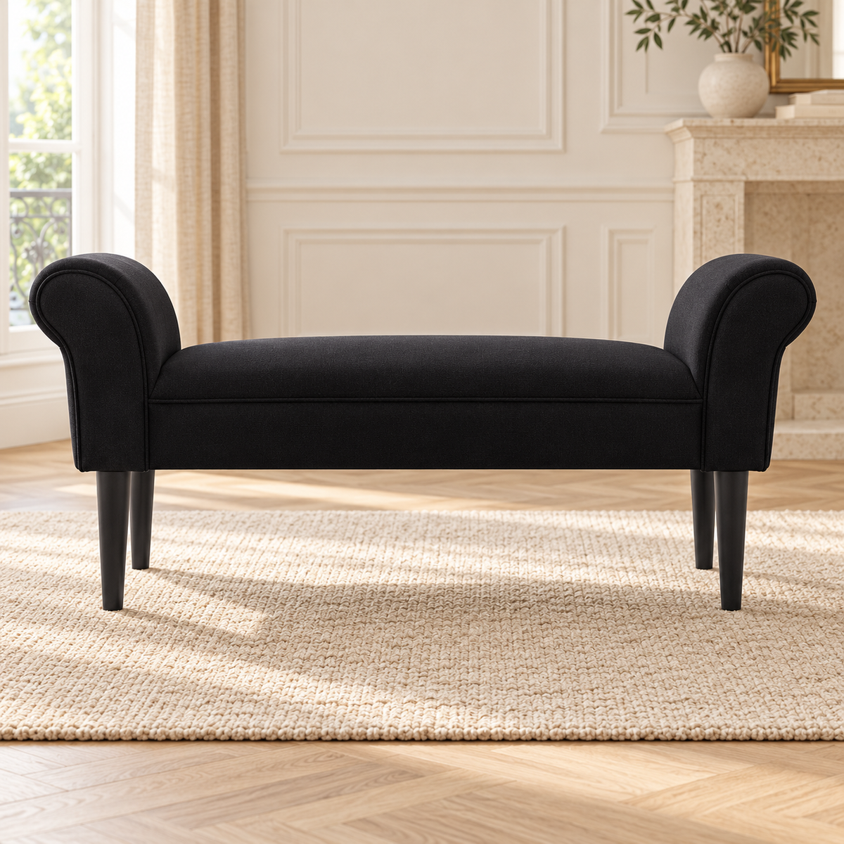 Banquette à accoudoirs roulés, noire, autre angle dans un salon lumineux