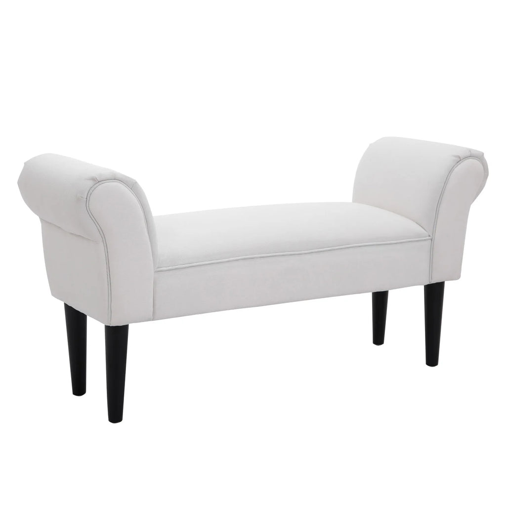 Banquette blanche à accoudoirs roulés, vue d’ensemble sur fond blanc
