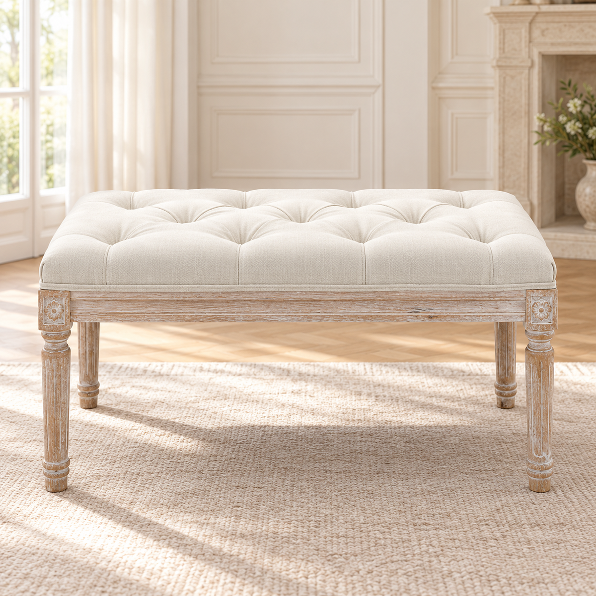 Banquette classique capitonnée crème à pieds en bois, autre angle dans un salon lumineux