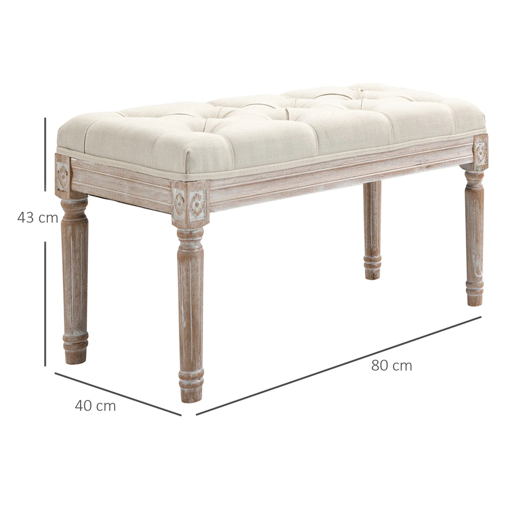 Banquette classique capitonnée crème à pieds en bois, dimensions de la banquette