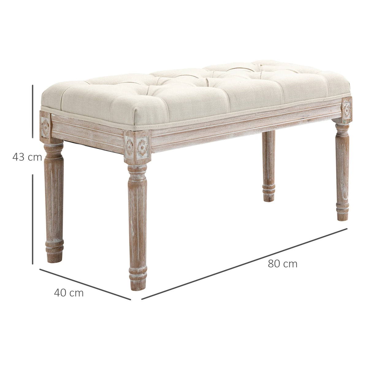 Banquette classique capitonnée crème à pieds en bois, dimensions de la banquette