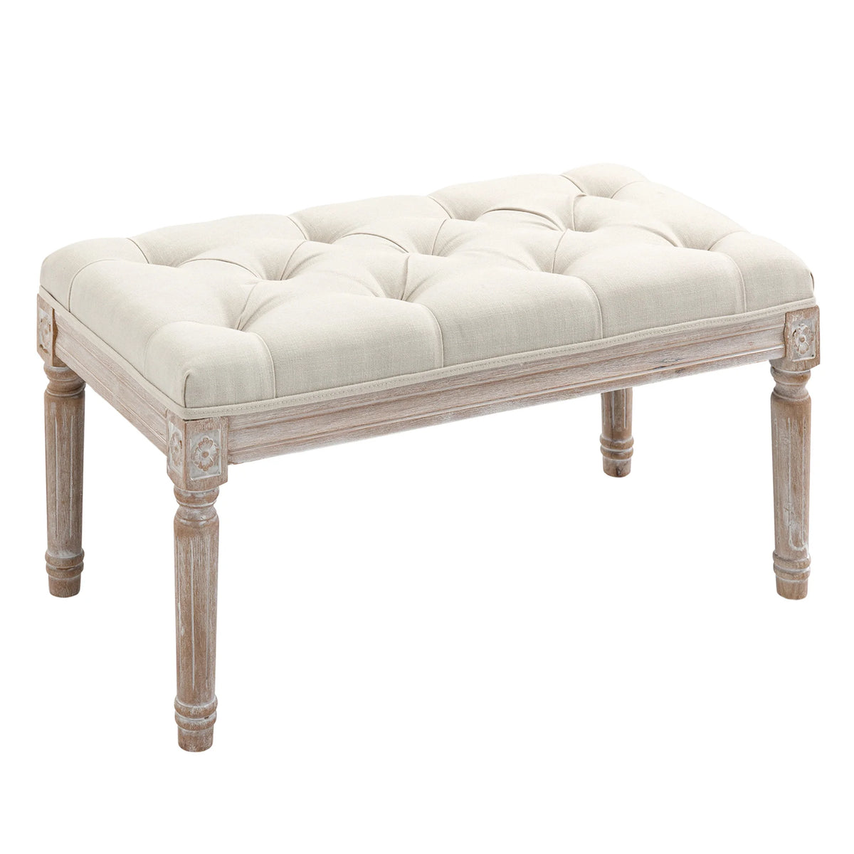 Banquette classique capitonnée crème à pieds en bois, vue sur fond blanc
