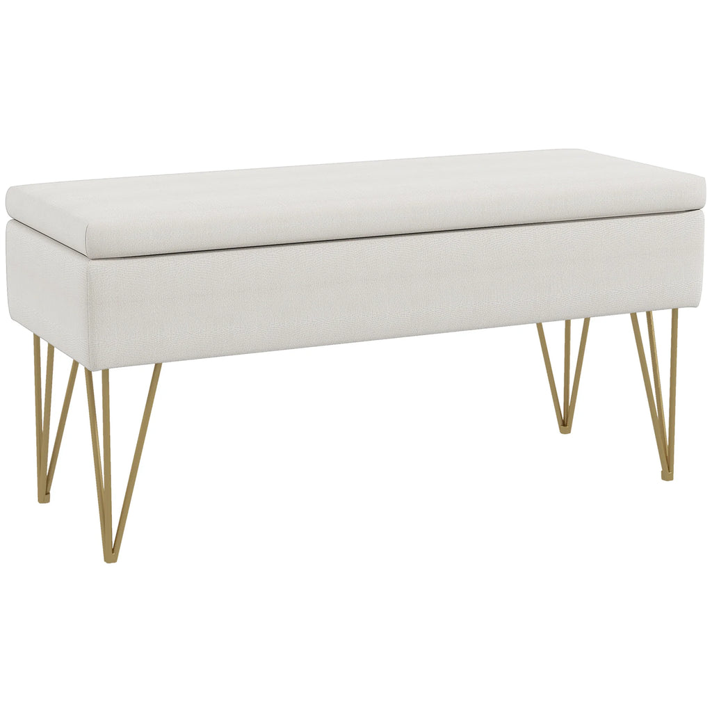 Banquette coffre blanche à pieds dorés, coffre fermé sur fond blanc