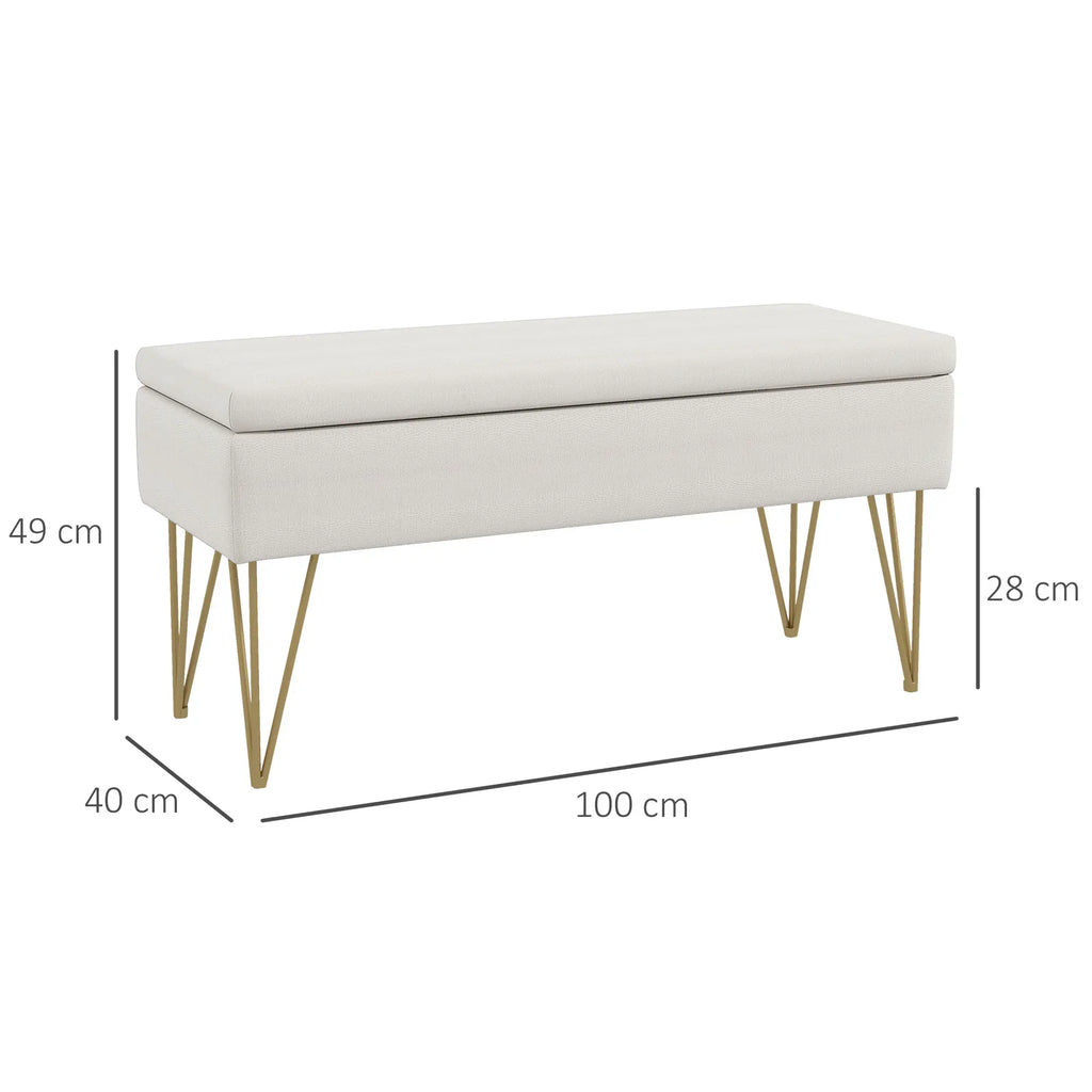 Banquette coffre blanche à pieds dorés, dimensions de la banquette