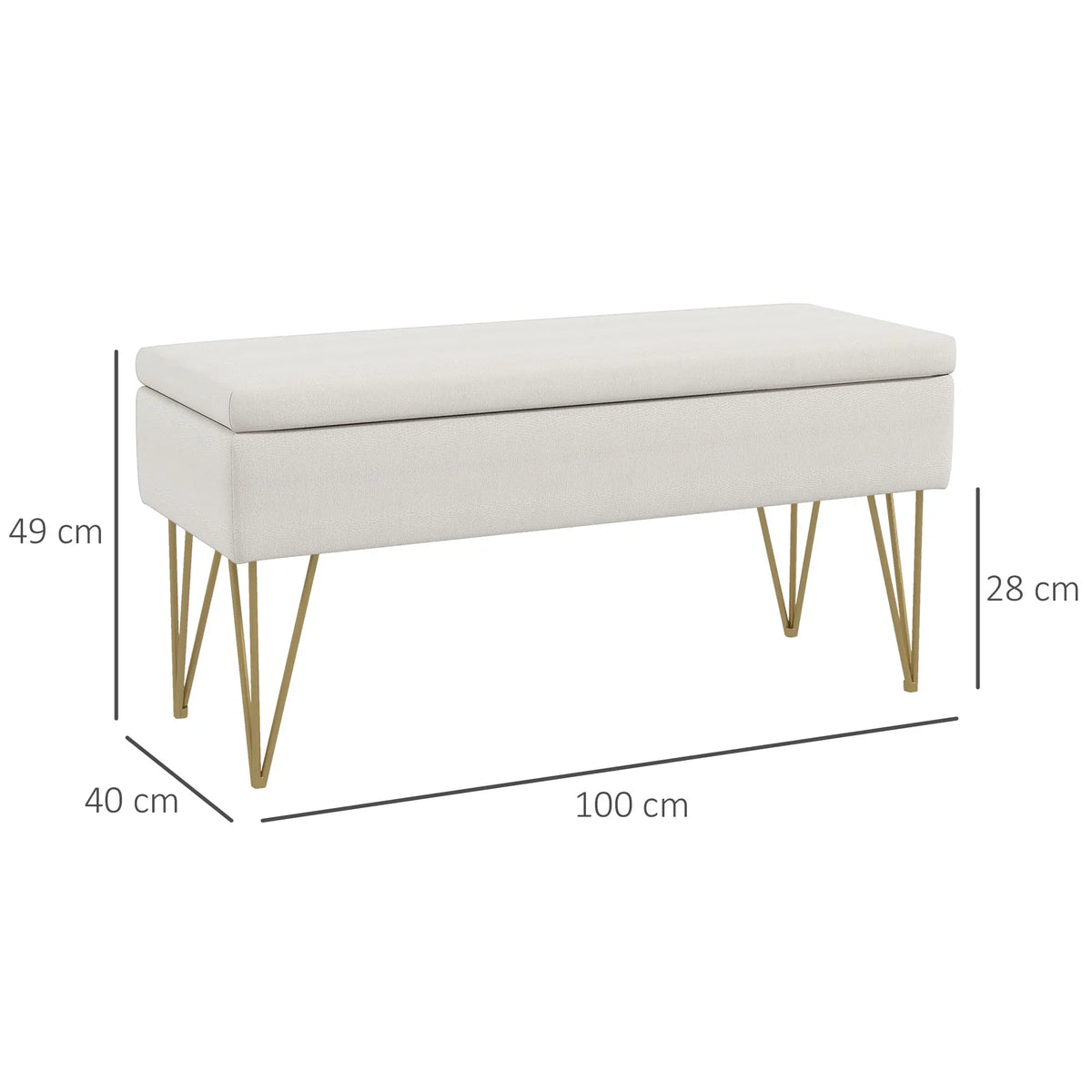 Banquette coffre blanche à pieds dorés, dimensions de la banquette