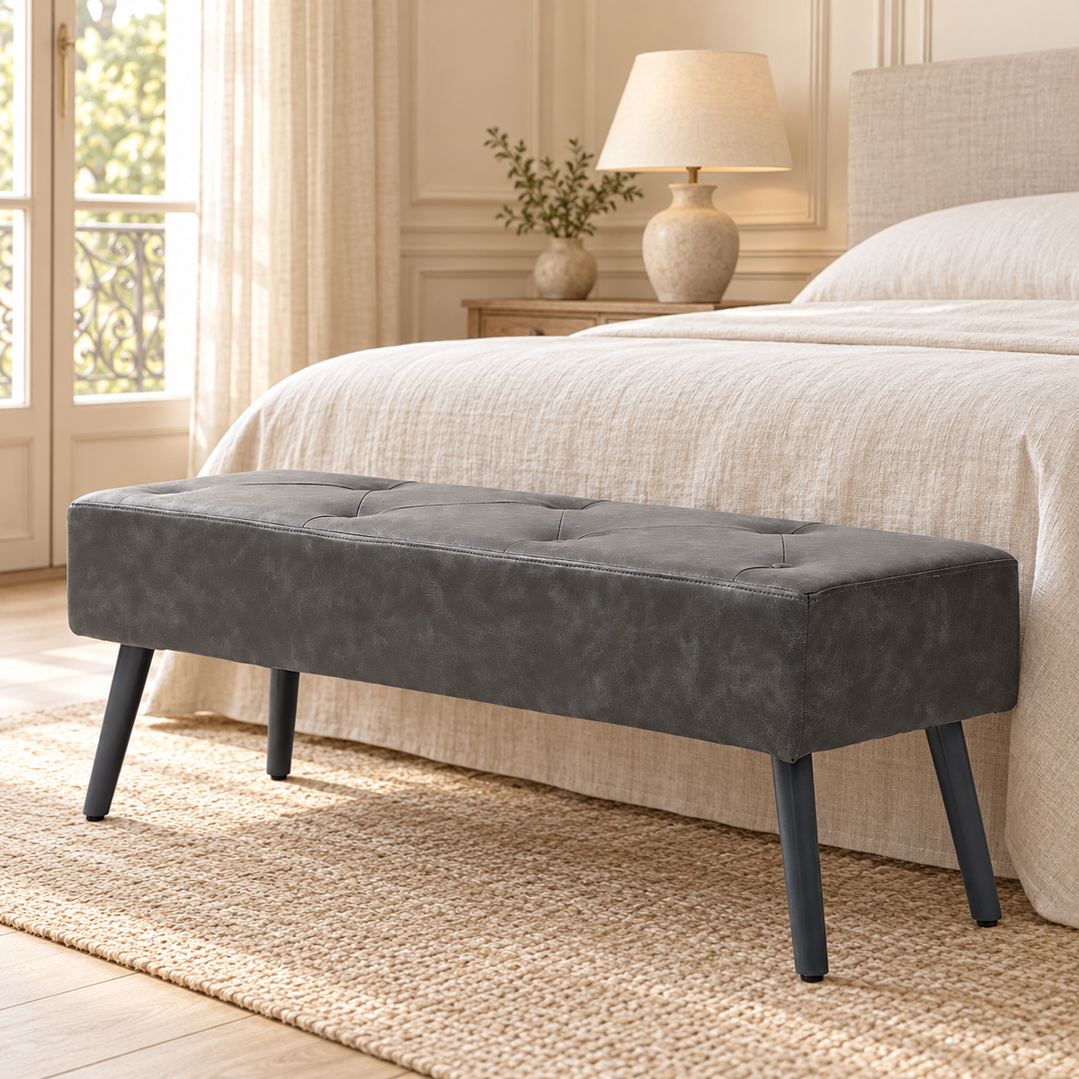 Banquette capitonnée grise sans accoudoirs, pieds bois, 114 cm