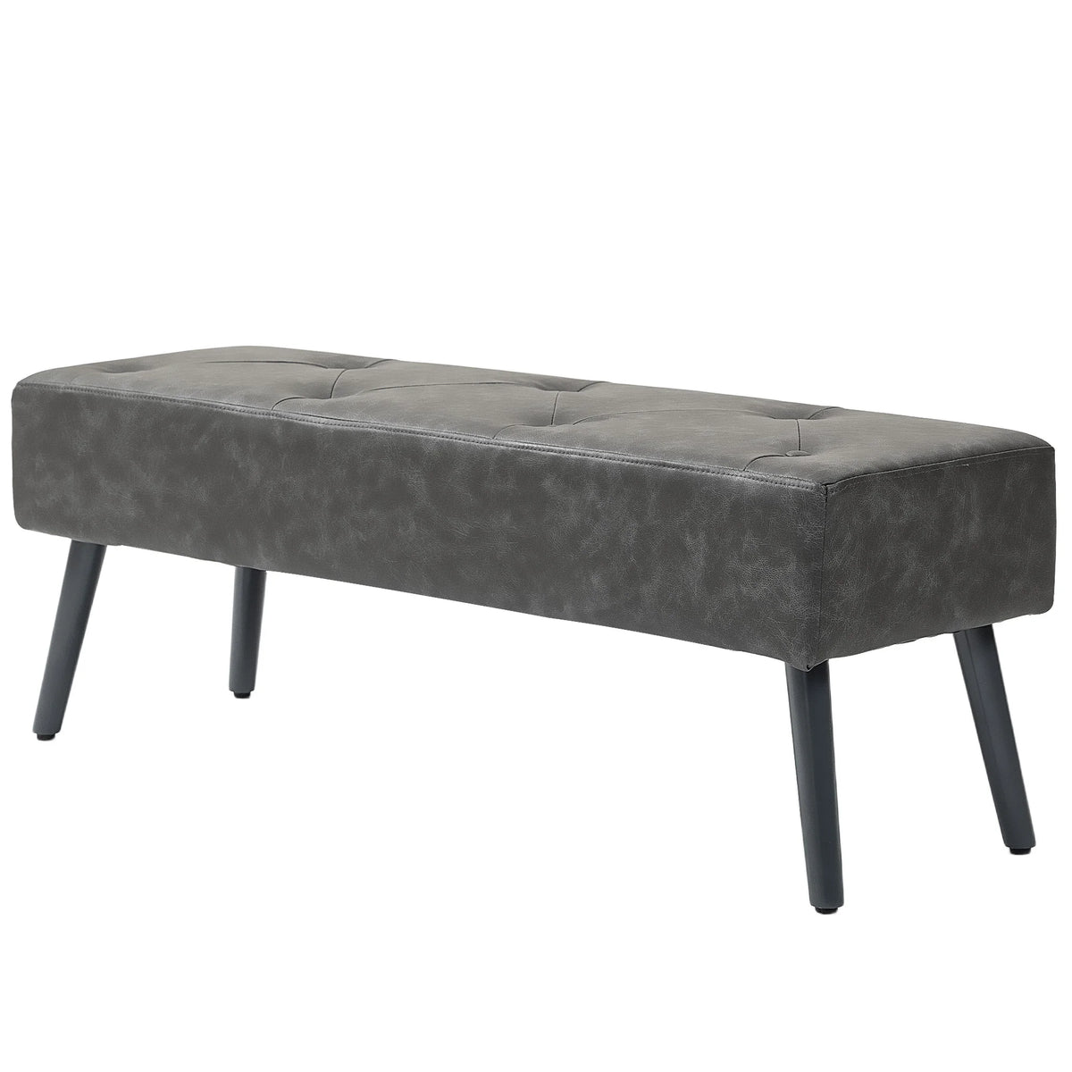 Banquette grise capitonnée sans accoudoirs, vue d’ensemble sur fond blanc
