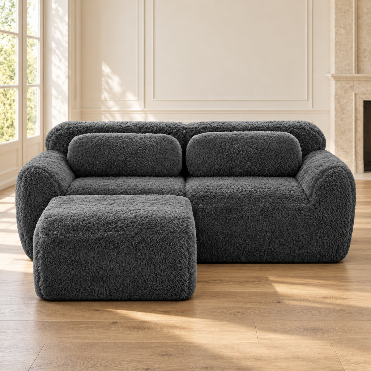 Canapé d'angle 2 places en tissu peluche noir, avec pouf