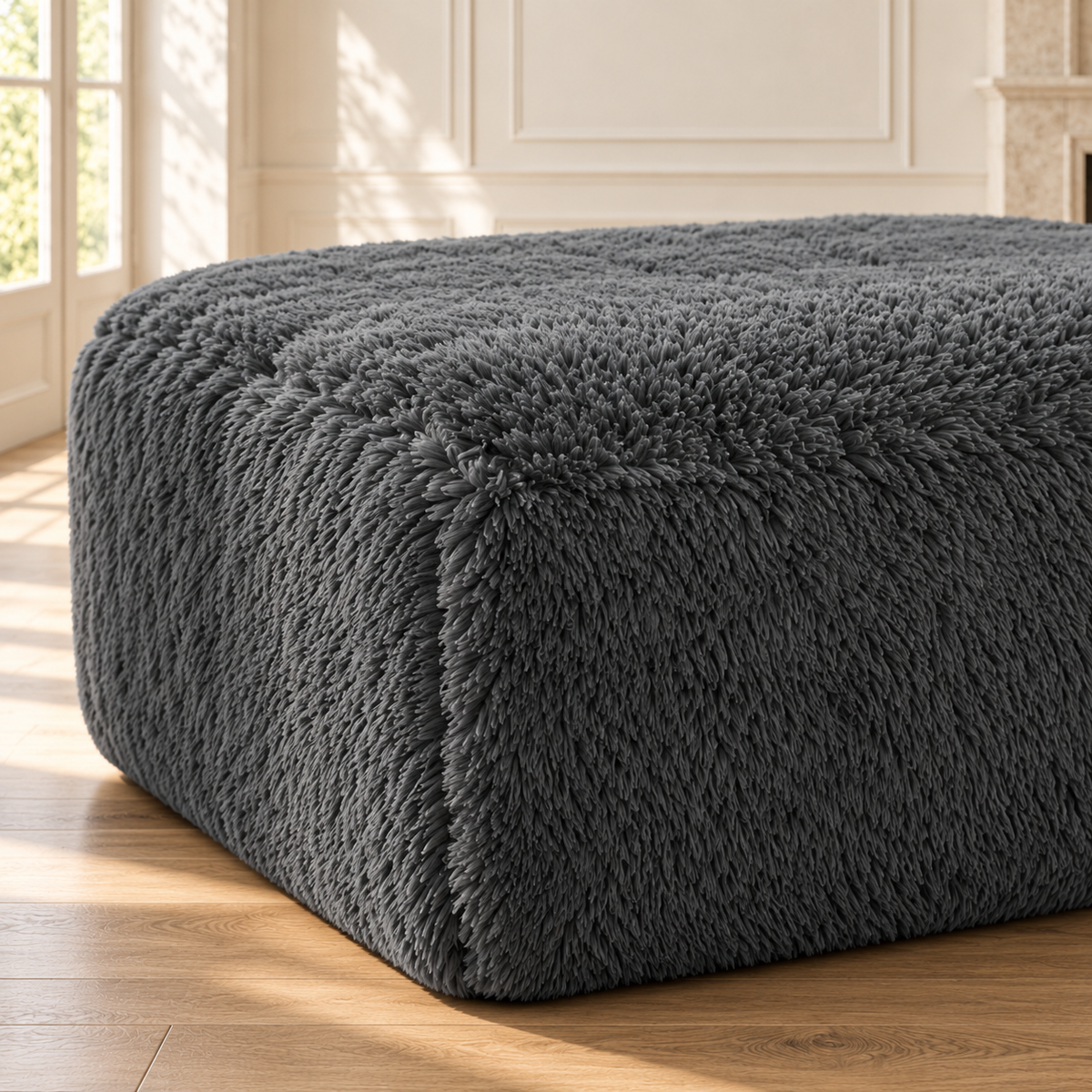 Pouf assorti au canapé noir, détail du tissu peluche et des coutures