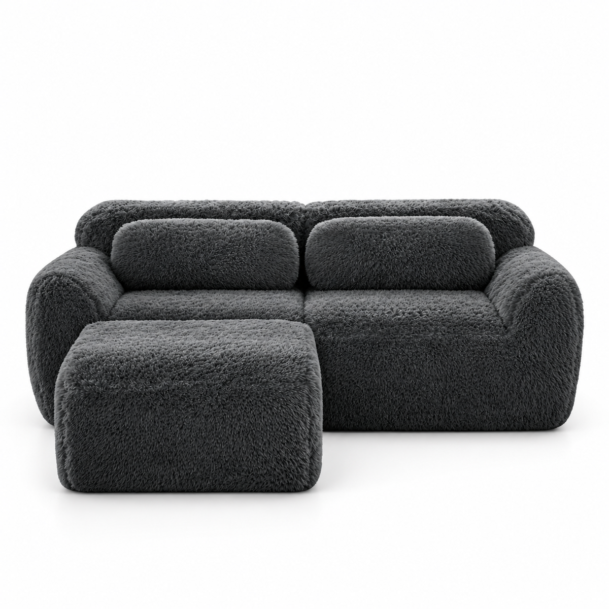 Canapé d’angle noir en tissu peluche avec pouf, sur fond blanc