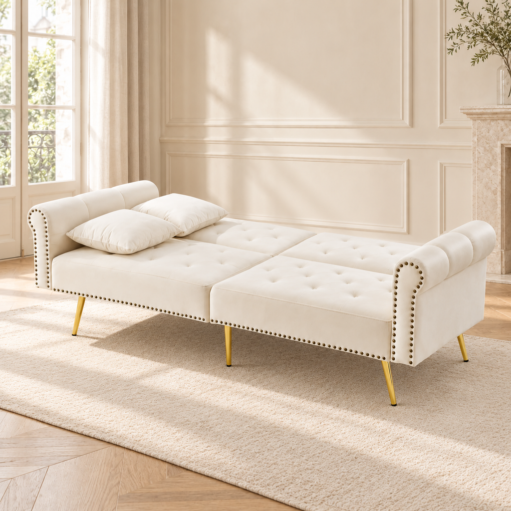 Canapé-lit en velours crème à pieds dorés, déplié en couchage