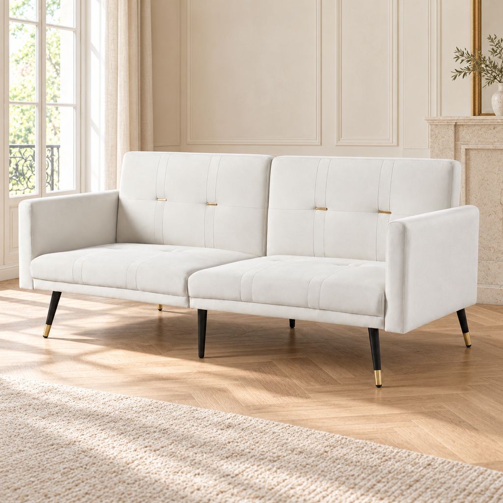 Canapé convertible beige à dossiers réglables, dans un salon lumineux