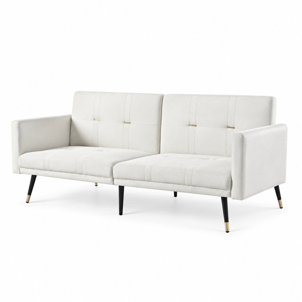 Canapé convertible beige à dossiers réglables, position assise sur fond blanc