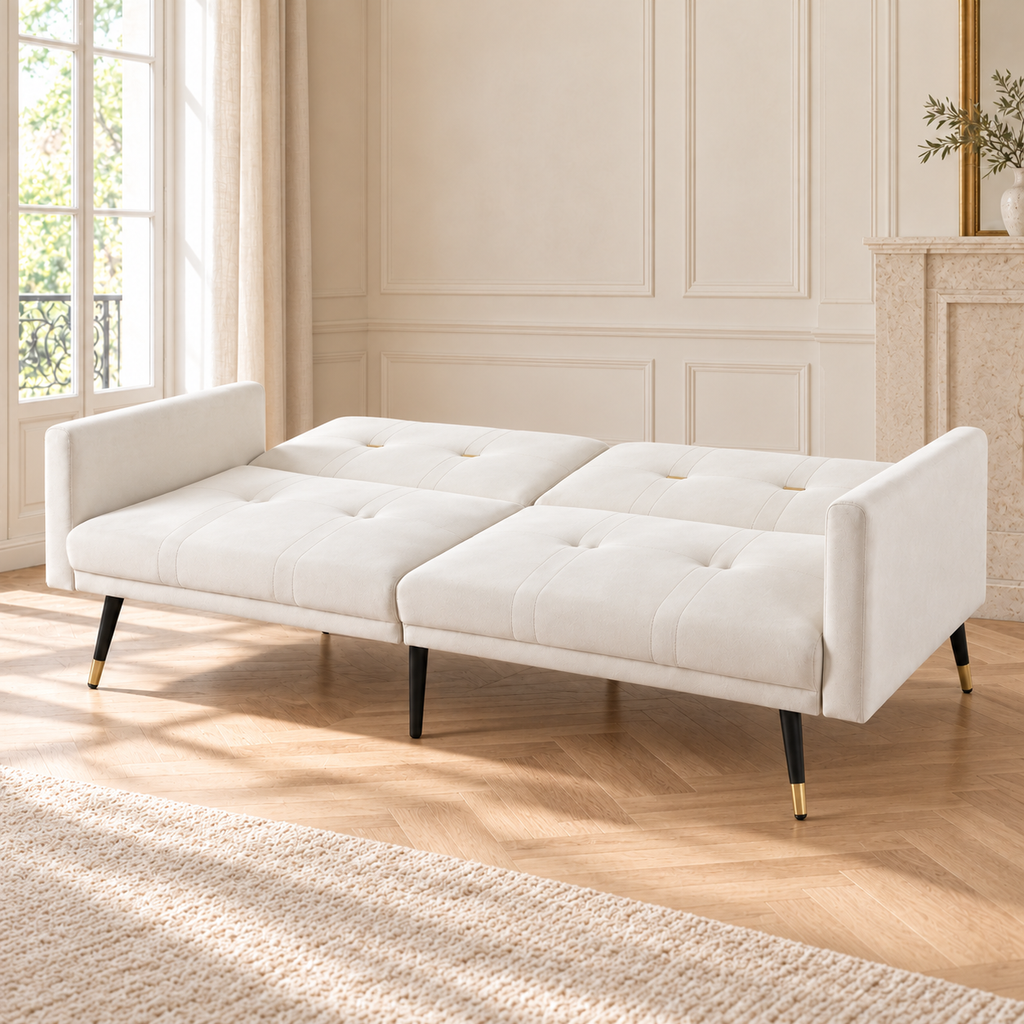 Canapé convertible beige, les deux dossiers abaissés en couchage
