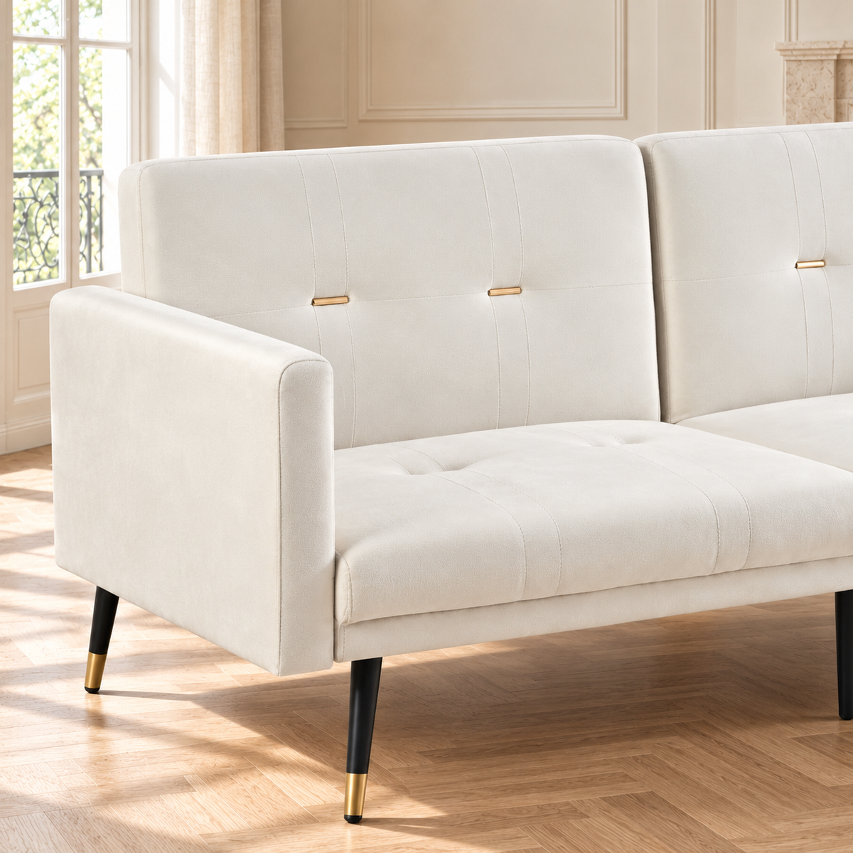 Canapé convertible beige, détail du dossier et des finitions dorées