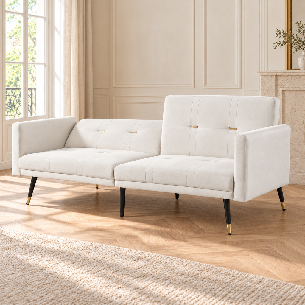 Canapé convertible beige, une moitié du dossier abaissée