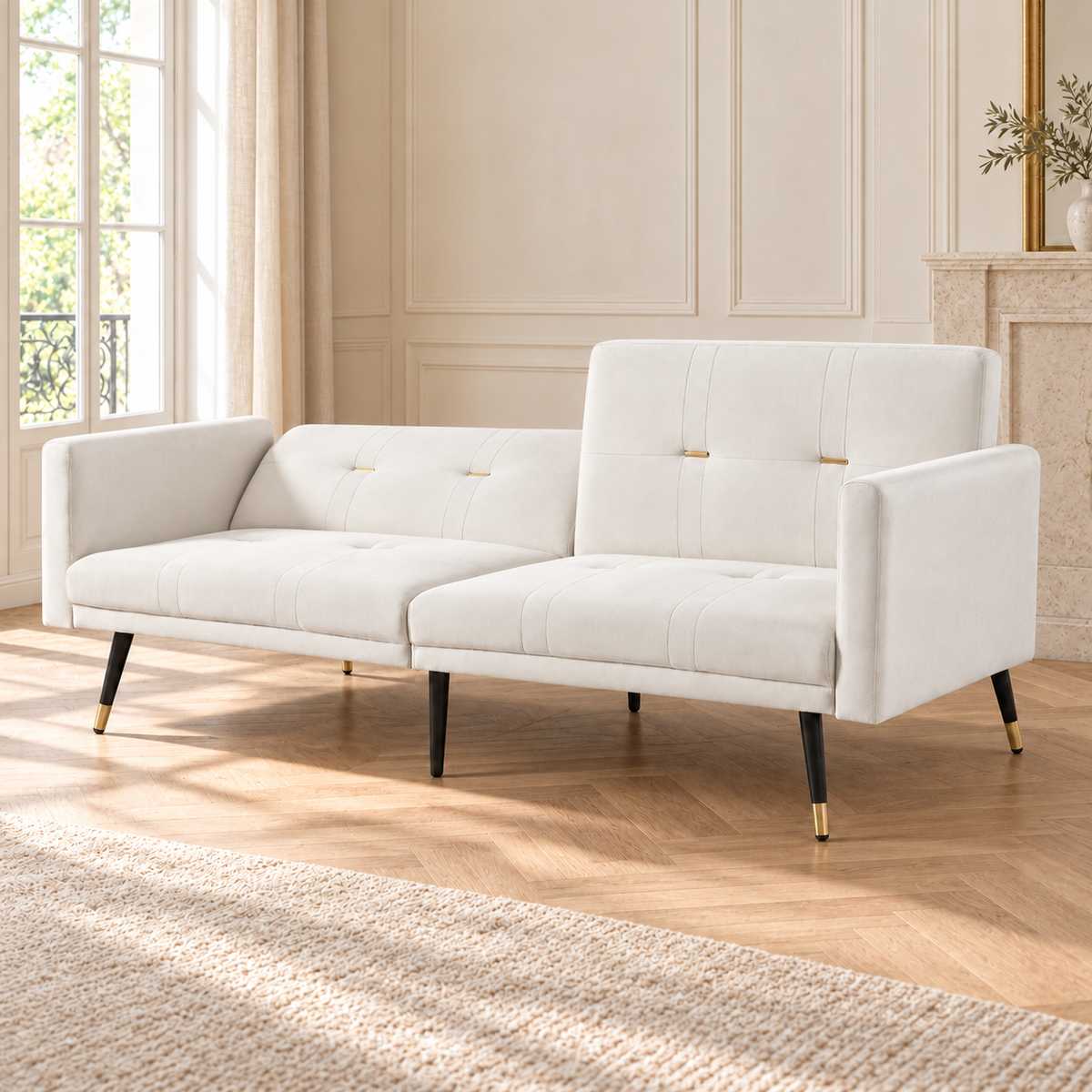 Canapé convertible beige, une moitié du dossier abaissée