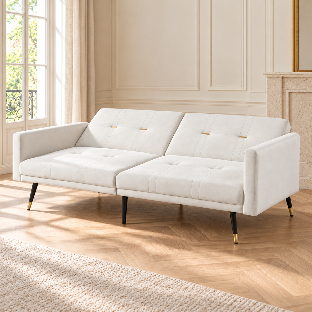 Canapé convertible beige, dossiers inclinés dans un salon