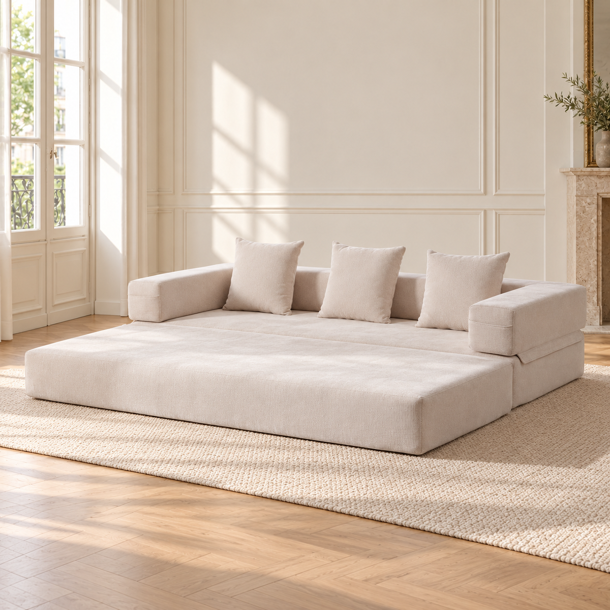 Canapé convertible en chenille crème, déplié en couchage