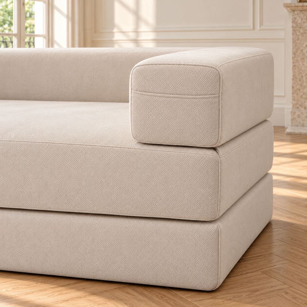 Canapé convertible crème, détail de la chenille et des coutures