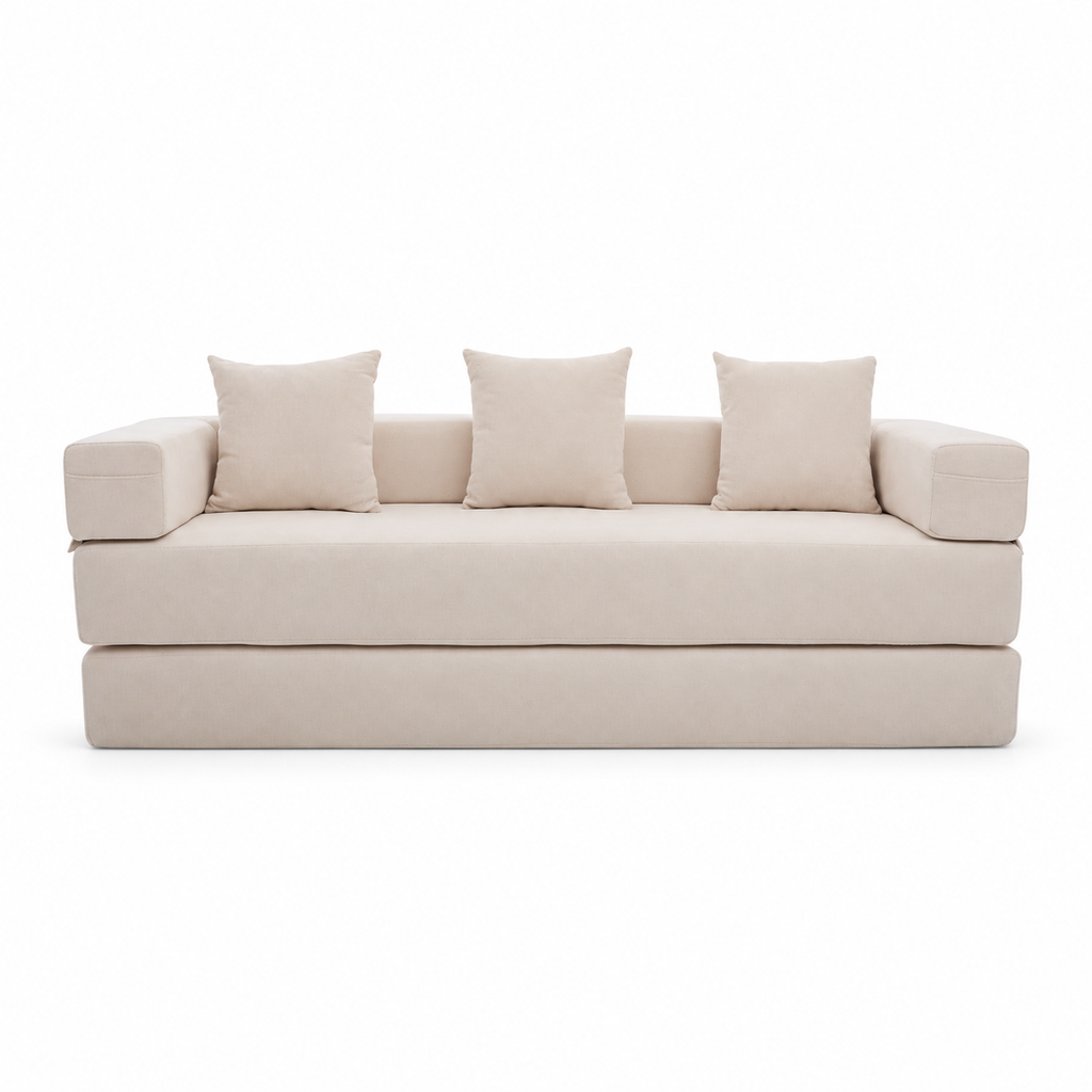 Canapé convertible en chenille crème, fermé sur fond blanc