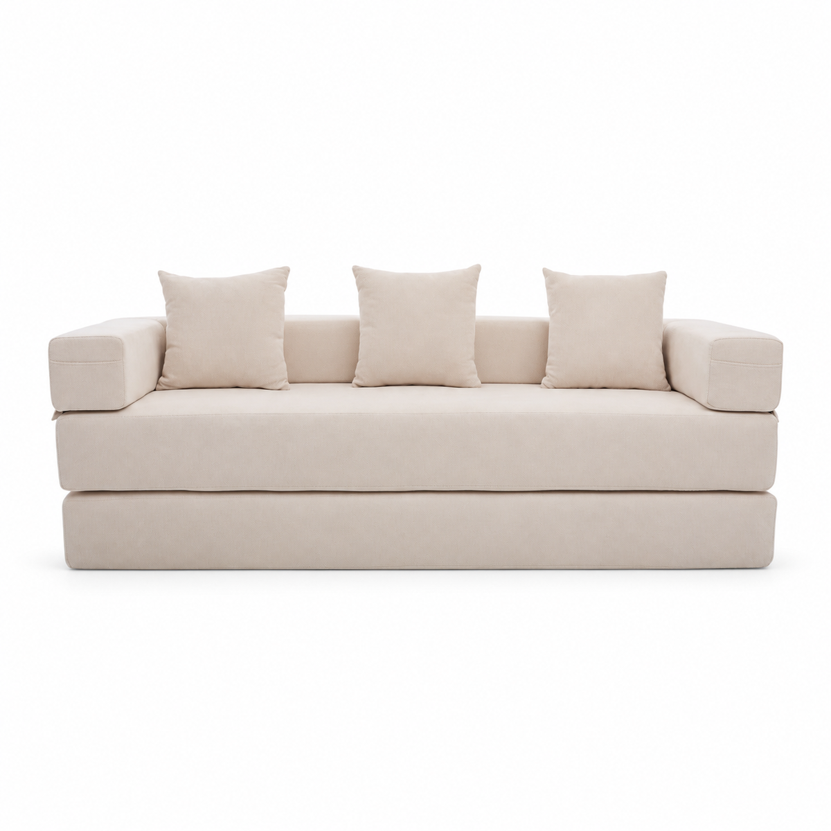 Canapé convertible en chenille crème, fermé sur fond blanc