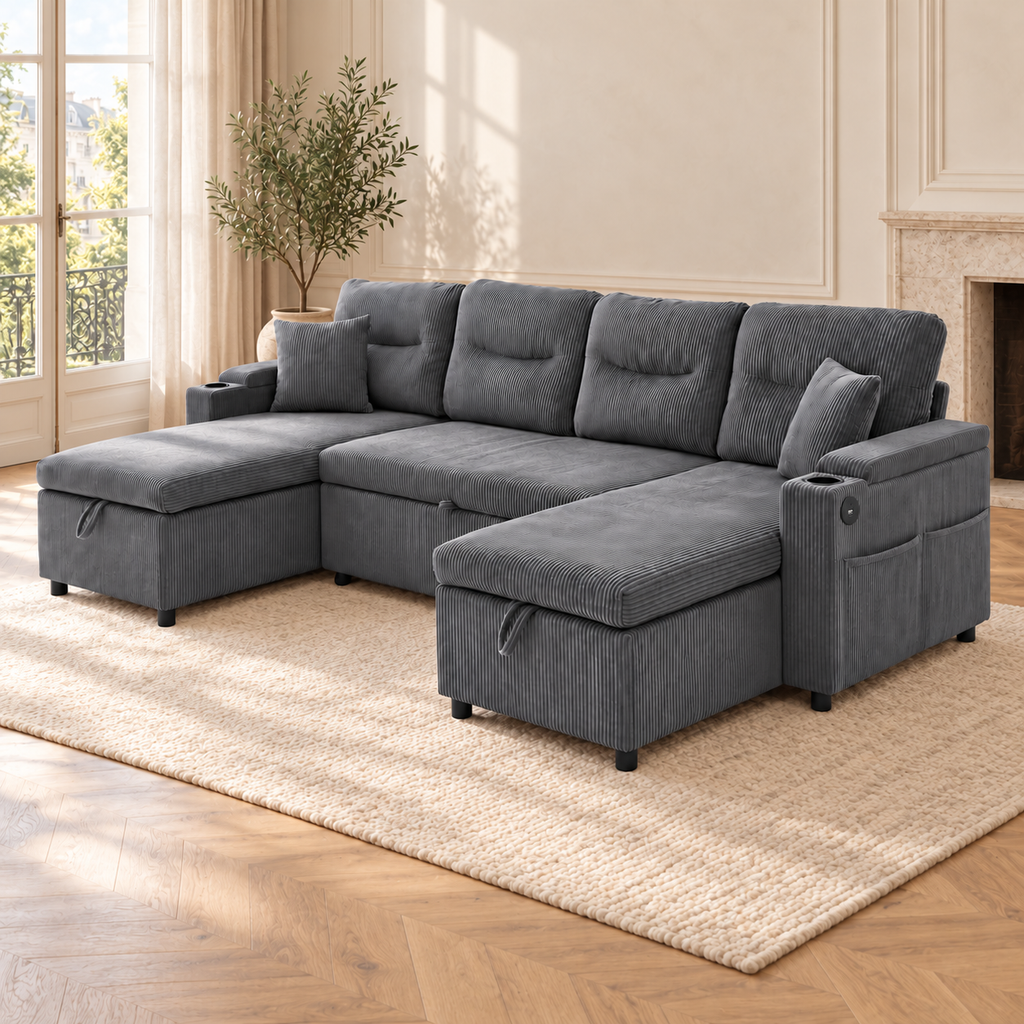 Canapé panoramique gris anthracite avec méridiennes, dans un salon lumineux