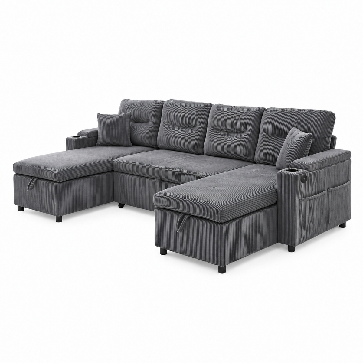 Canapé panoramique gris anthracite avec méridiennes, sur fond blanc