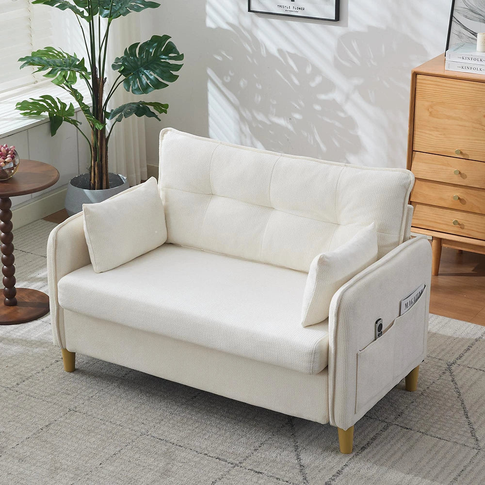 Canapé 2 places compact en chenille de 127 cm, beige, détail de la poche latérale