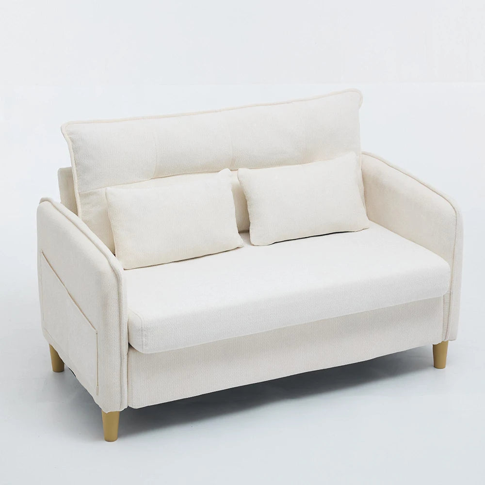 Canapé 2 places compact en chenille de 127 cm, beige sur fond clair, vue de trois quarts