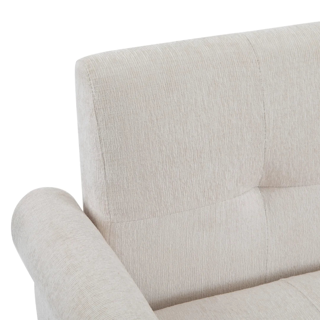 Canapé 2 places en chenille beige de 162 cm à pieds bois, détail du dossier