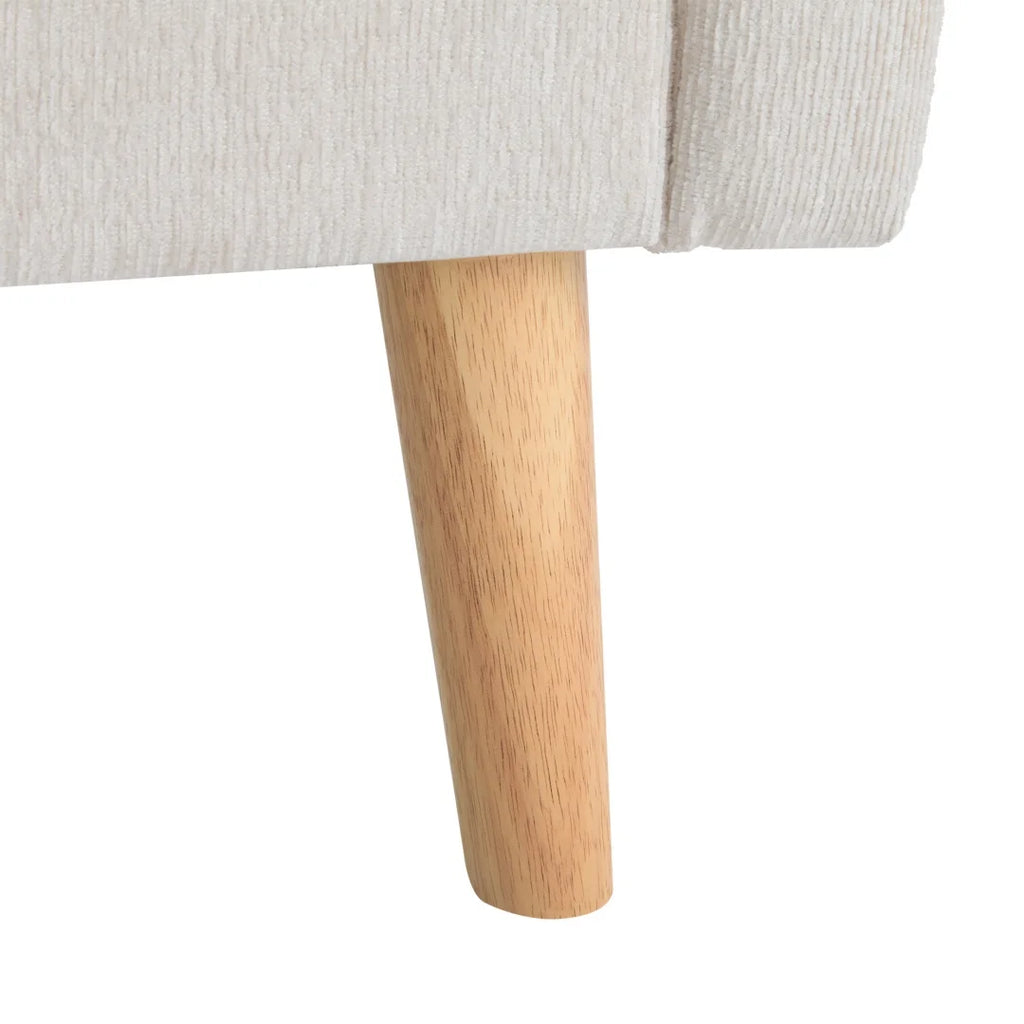 Canapé 2 places en chenille beige de 162 cm à pieds bois, détail du pied en bois