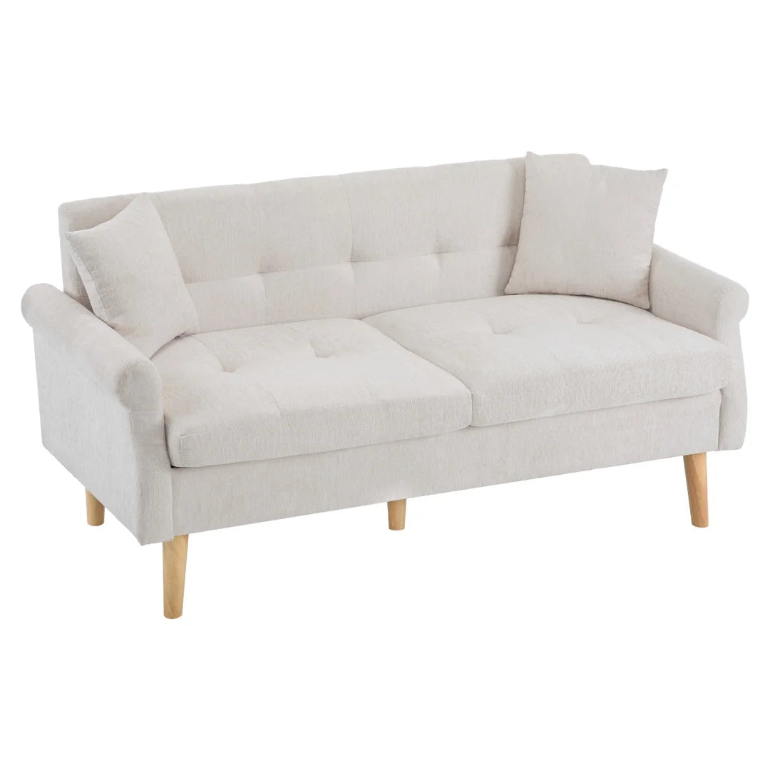 Canapé 2 places en chenille beige de 162 cm à pieds bois, trois quarts sur fond blanc