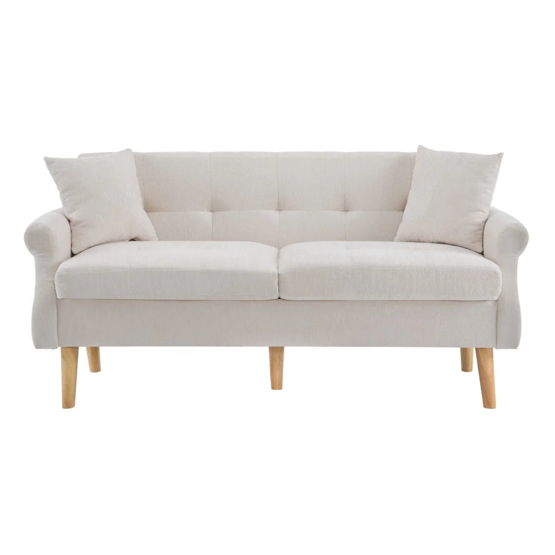 Canapé 2 places en chenille beige de 162 cm à pieds bois, vue de face sur fond blanc