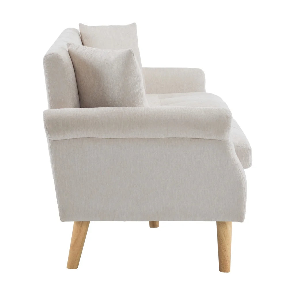 Canapé 2 places en chenille beige de 162 cm à pieds bois, vue de profil
