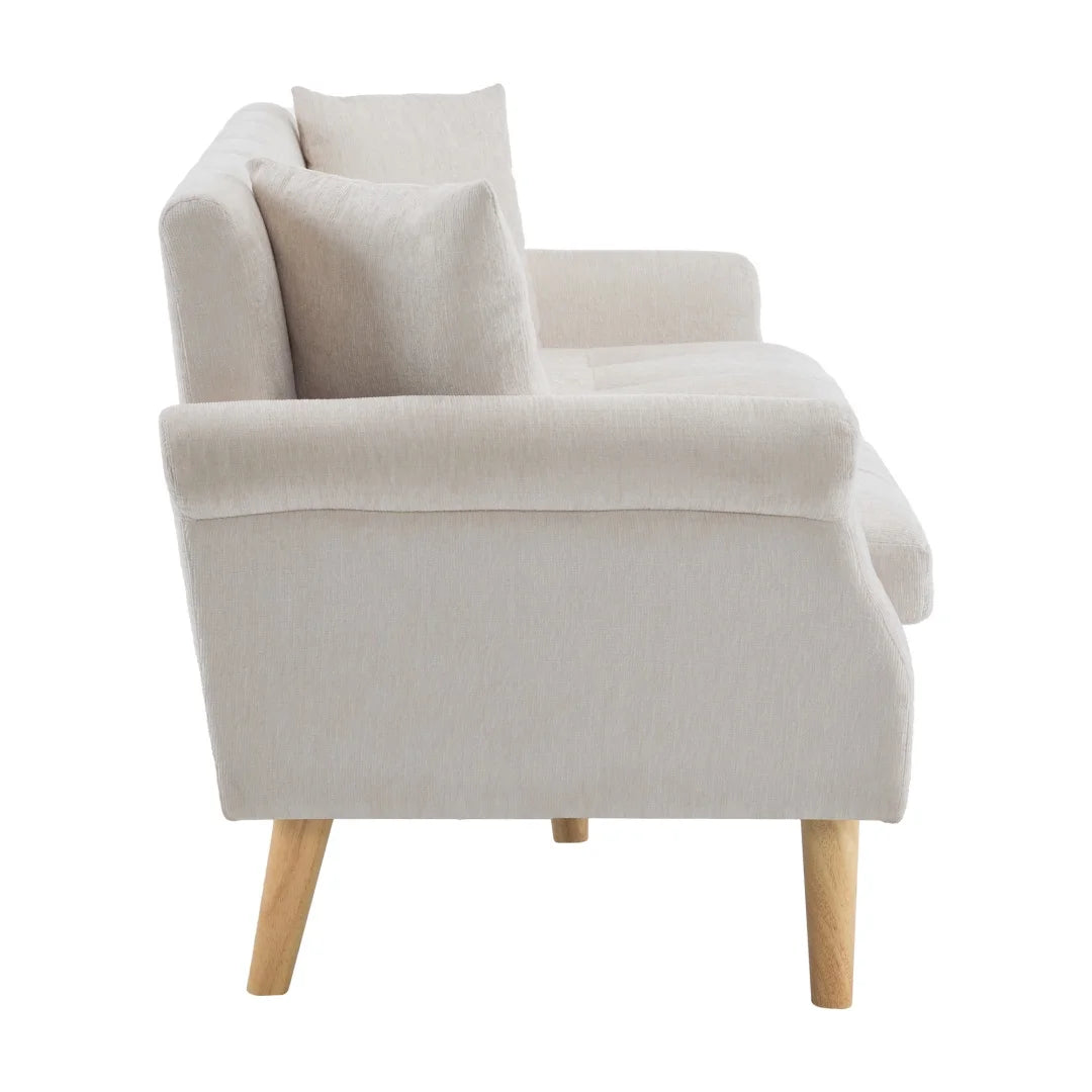 Canapé 2 places en chenille beige de 162 cm à pieds bois, vue de profil