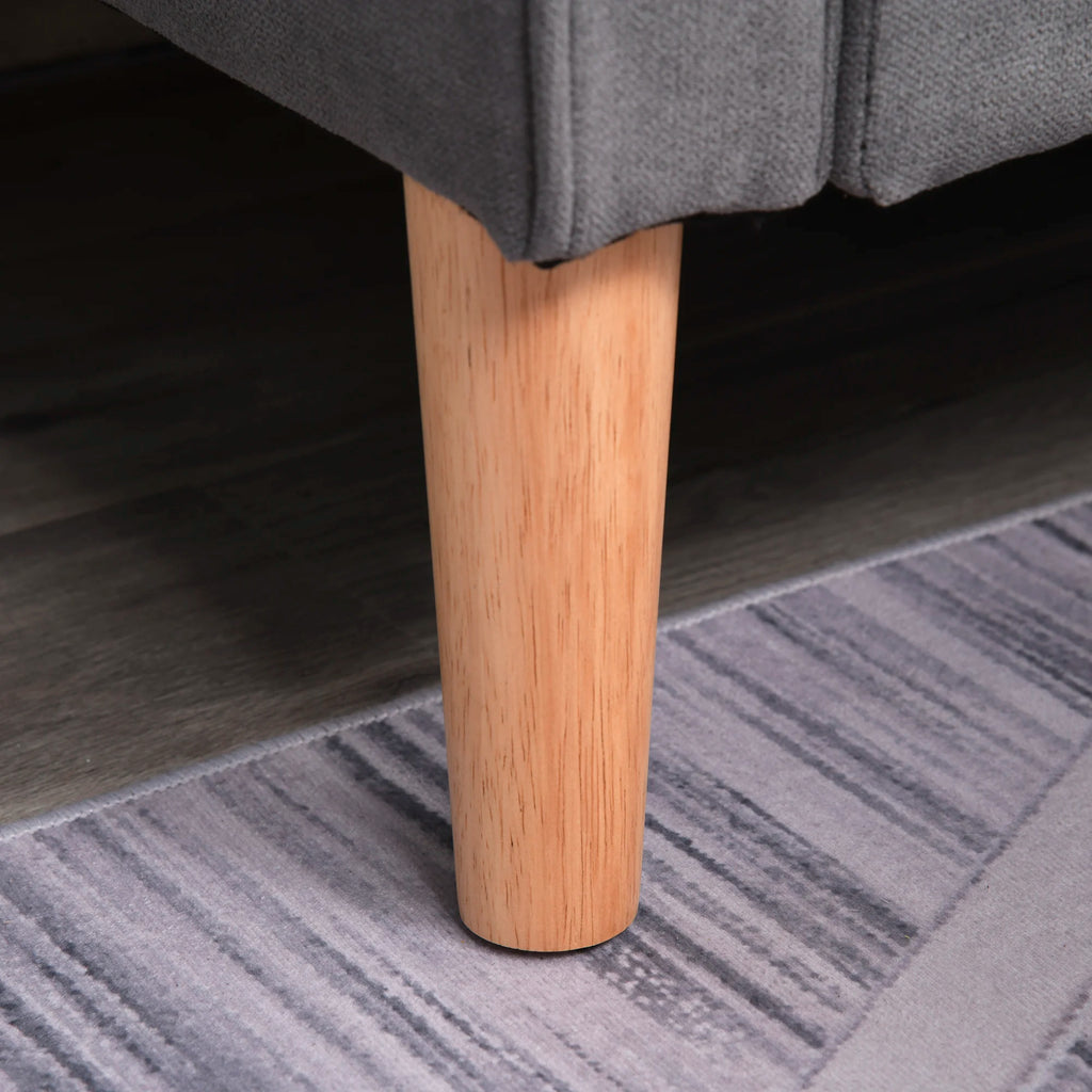 Canapé 2 places gris à rangement et pieds bois, détail du pied en bois