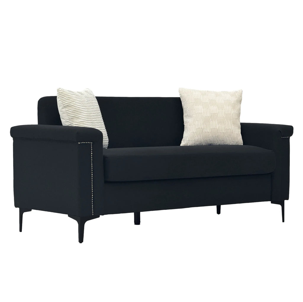 Canapé 2 places noir de 172 cm, trois quarts sur fond blanc