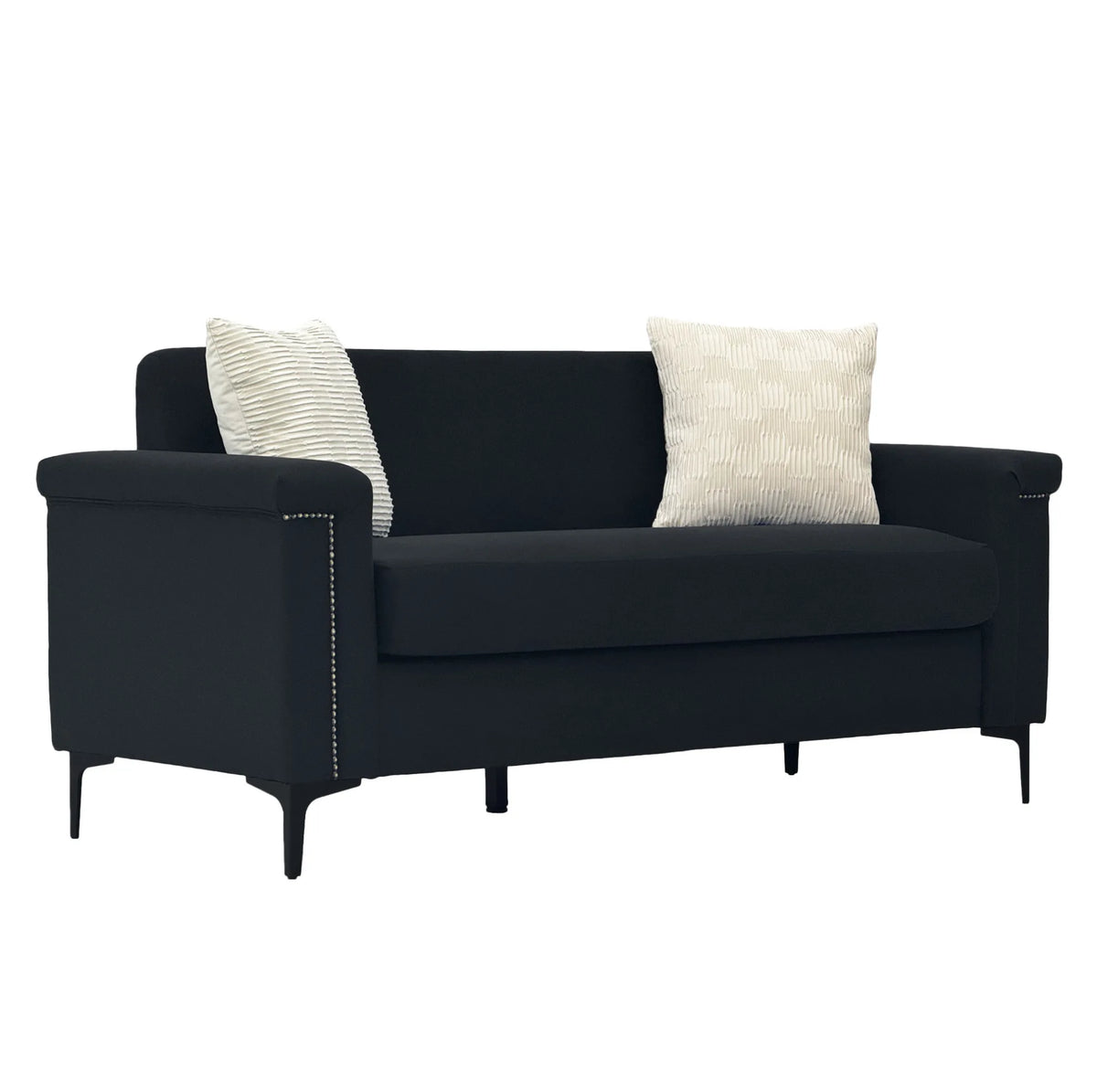 Canapé 2 places noir de 172 cm, trois quarts sur fond blanc