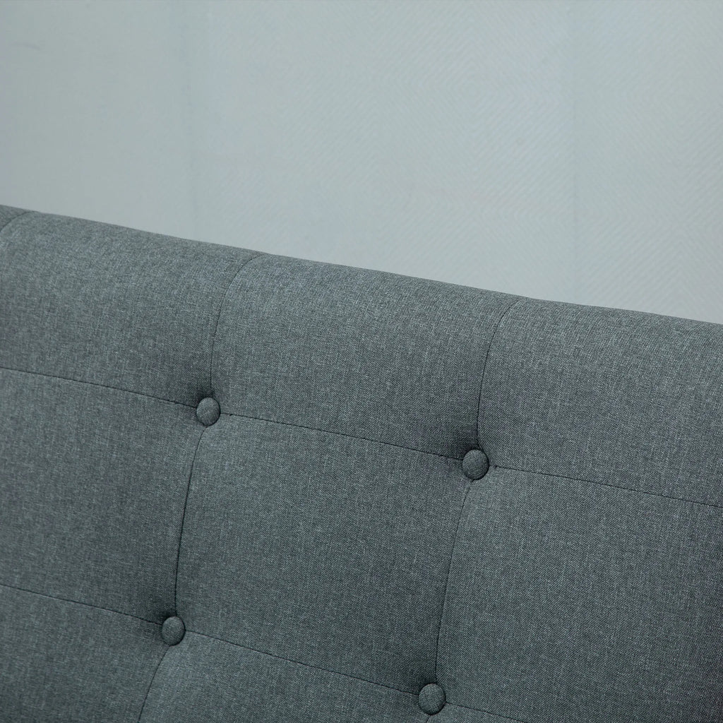 Canapé 2 places scandinave gris foncé à accoudoirs en bois, détail du dossier capitonné