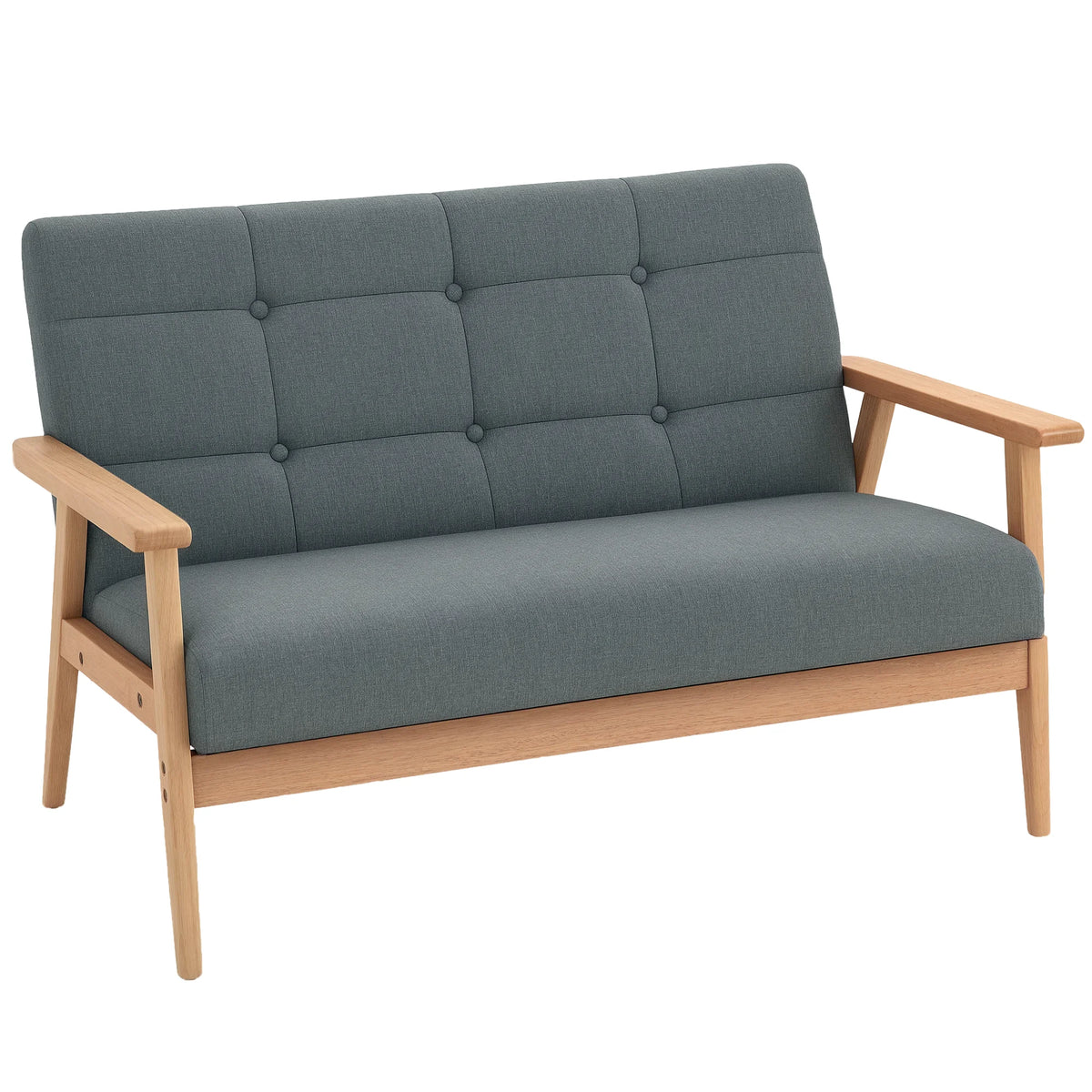 Canapé 2 places scandinave gris foncé à accoudoirs en bois, trois quarts sur fond blanc