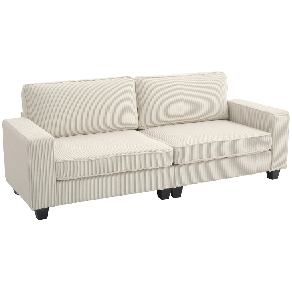 Canapé 3 places en tissu côtelé crème de 227 cm, trois quarts sur fond blanc