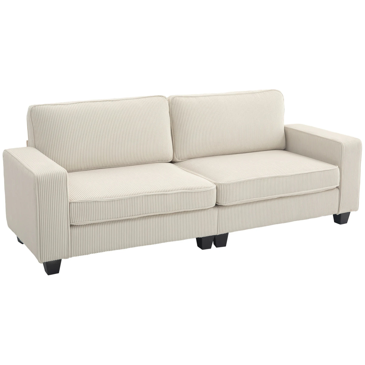 Canapé 3 places en tissu côtelé crème de 227 cm, trois quarts sur fond blanc