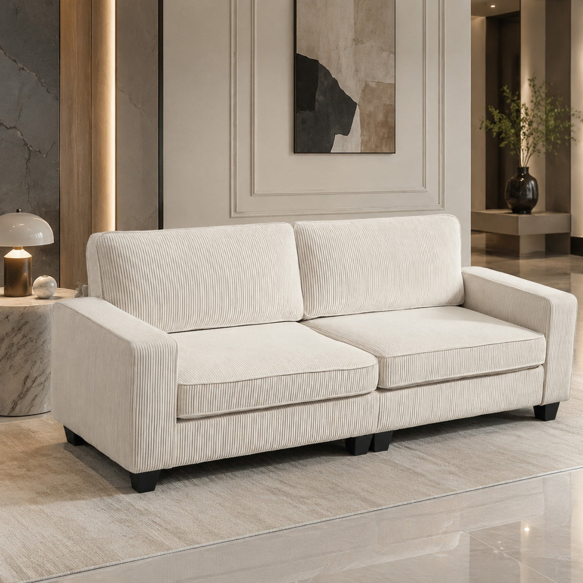 Canapé 3 places en tissu côtelé crème de 227 cm, vue latérale en situation