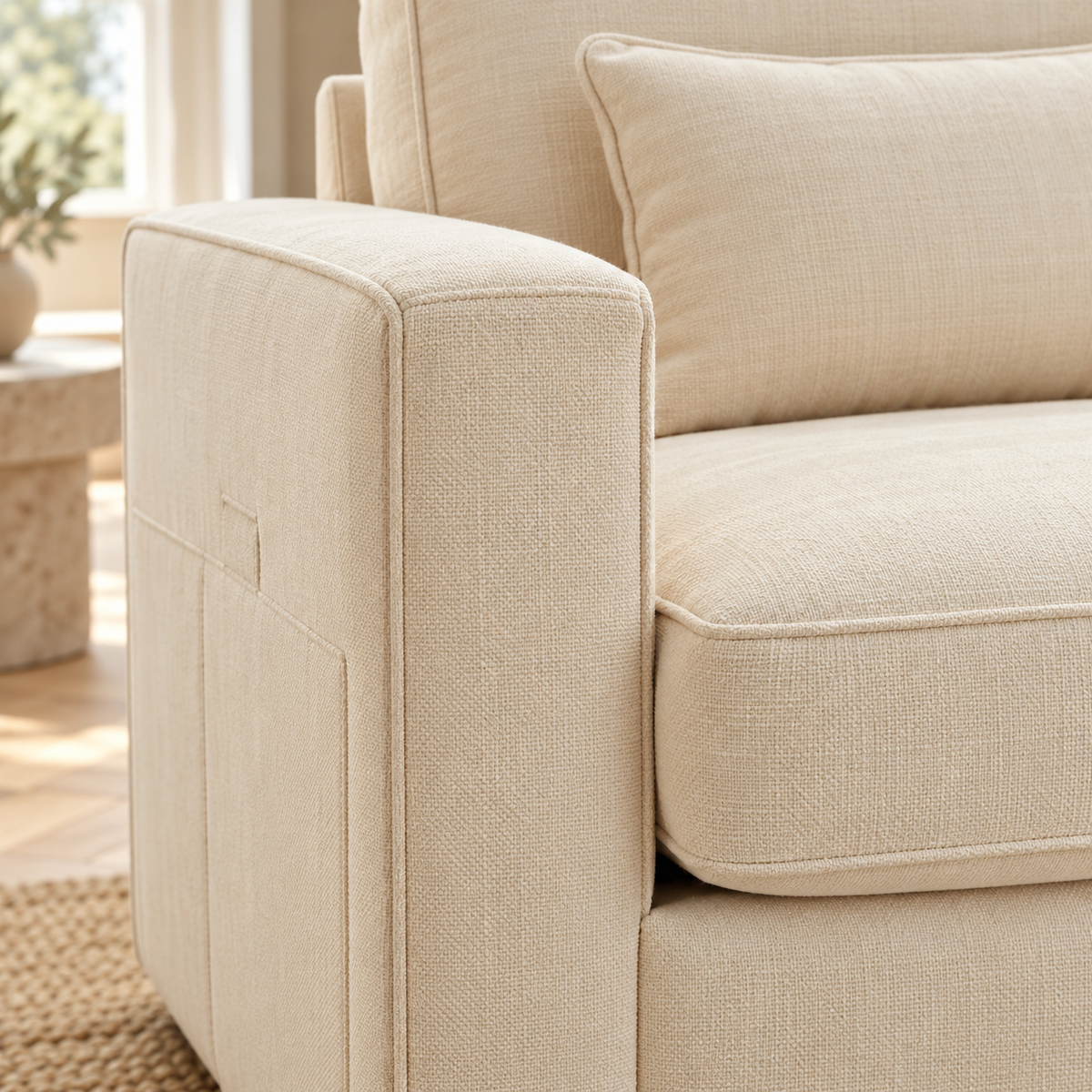 Canapé 4 places en tissu beige effet lin, gros plan du revêtement et des finitions