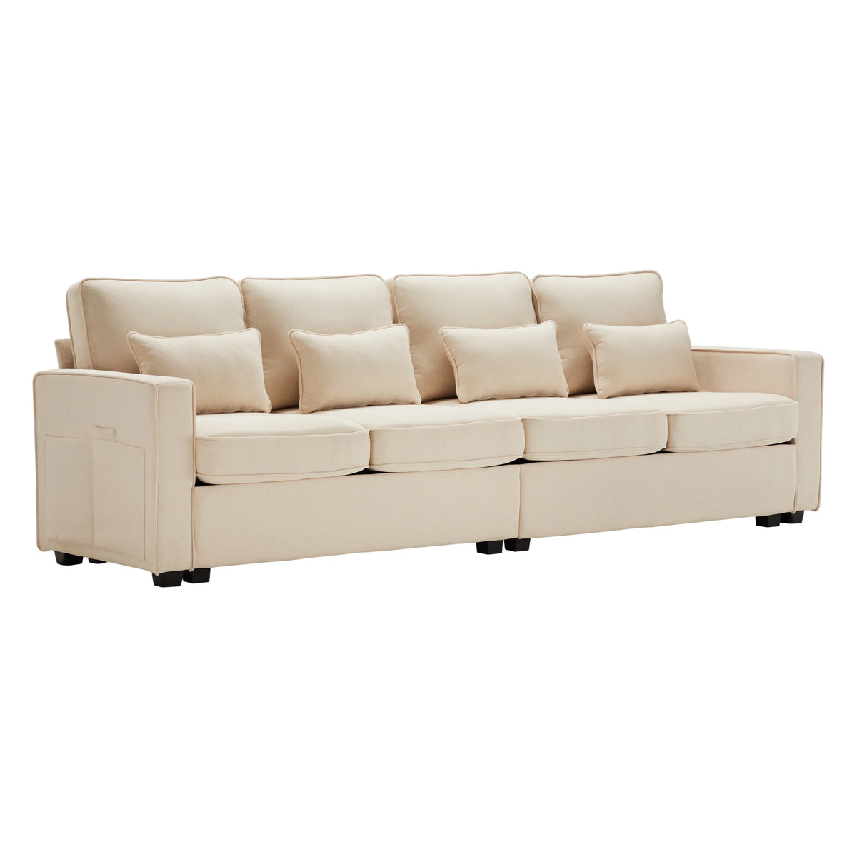 Canapé 4 places en tissu beige effet lin, trois quarts sur fond blanc