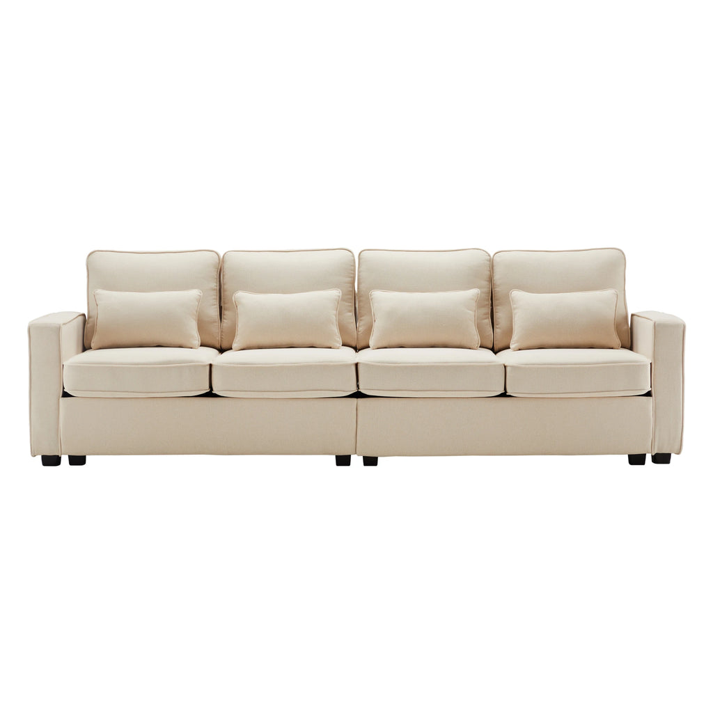 Canapé 4 places en tissu beige effet lin, vue de face sur fond blanc