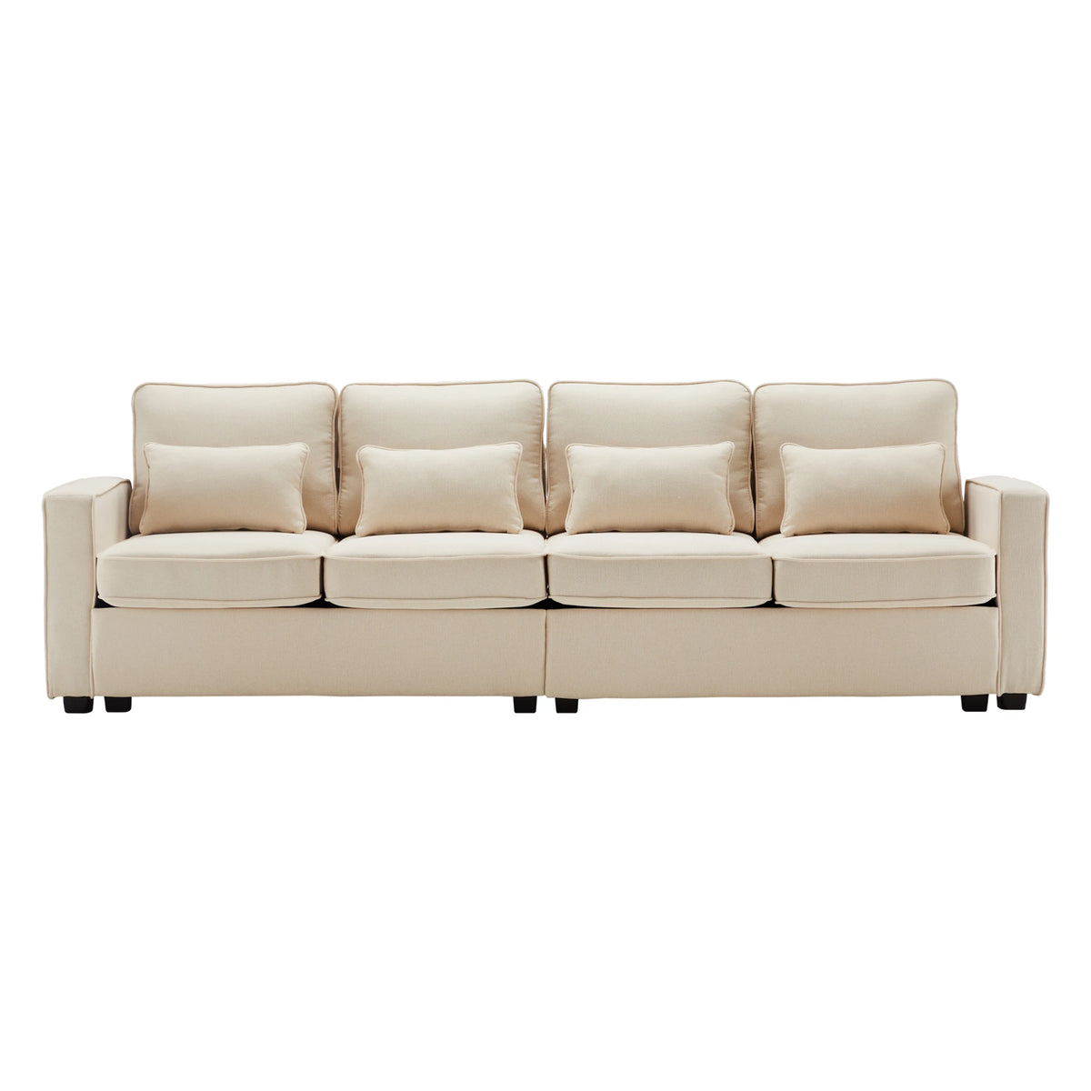 Canapé 4 places en tissu beige effet lin, vue de face sur fond blanc