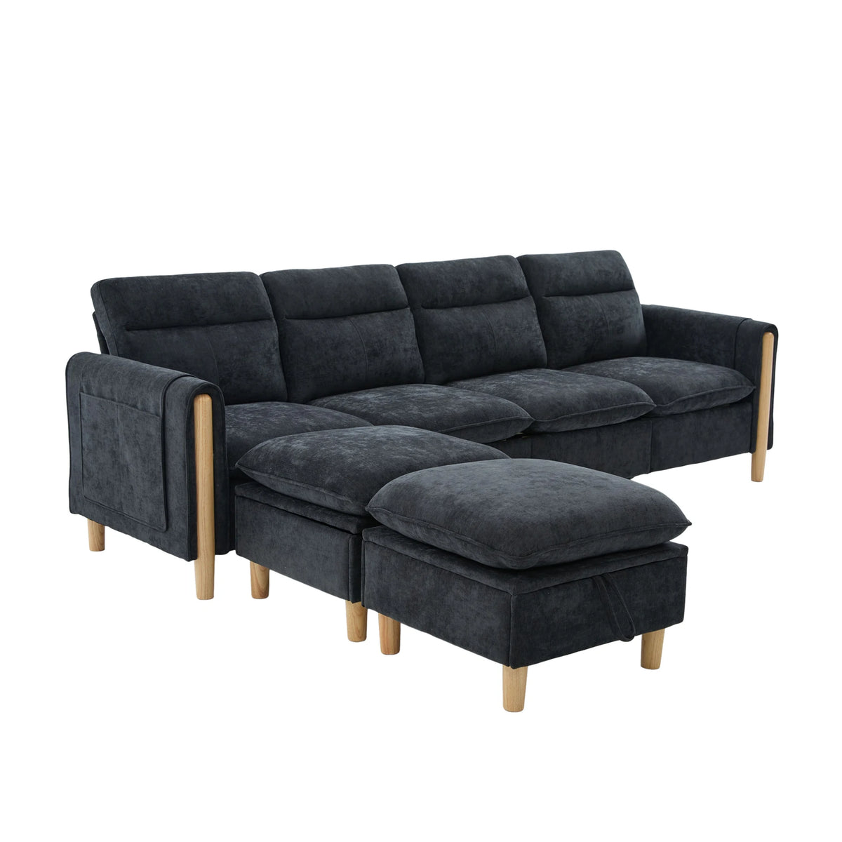Canapé avec pouf en tissu et pieds en bois, canapé et pouf sur fond blanc